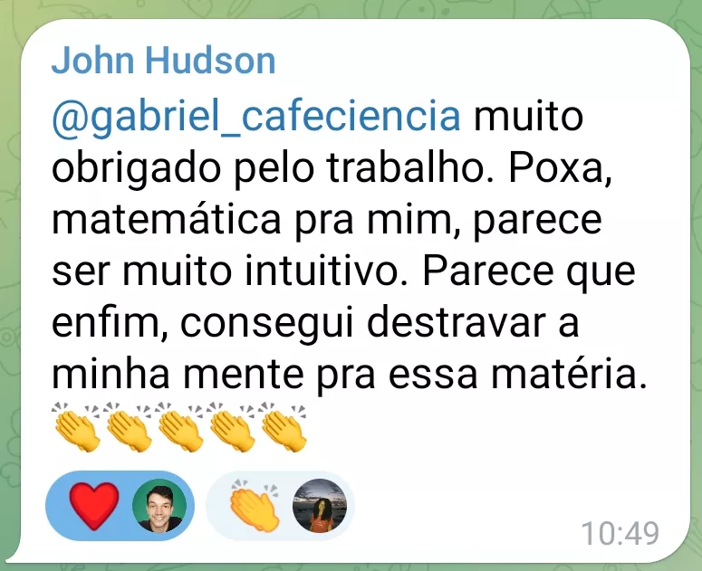 Mensagem de aluno enviada pelo Telegram relatando evolução