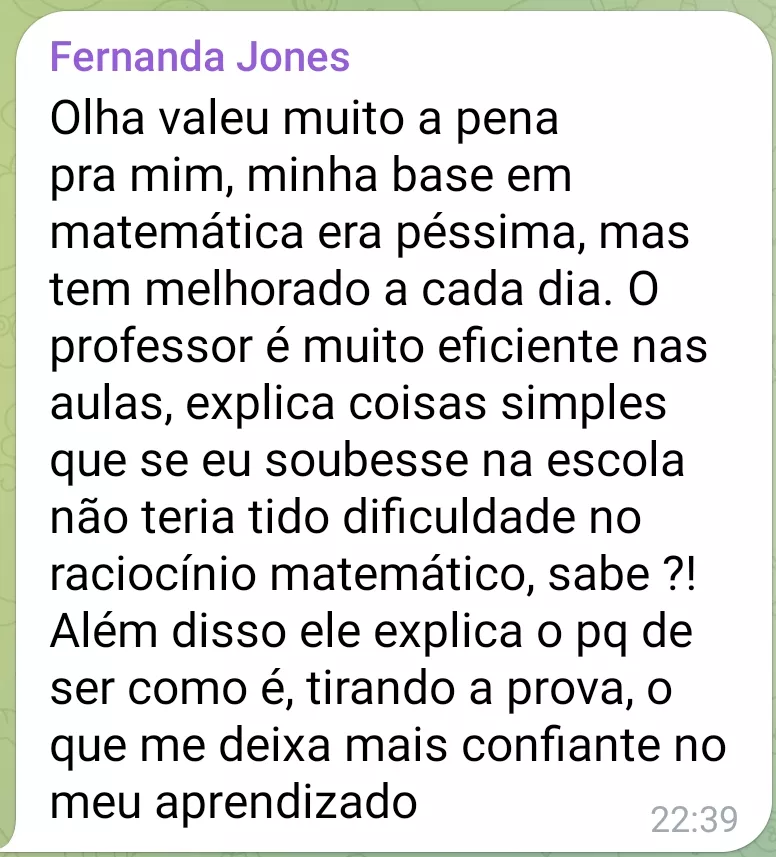 Depoimento de aluno no Telegram agradecendo pelas explicações